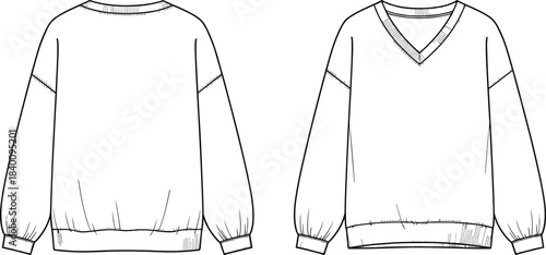 Minimalist long sleeve sweatshirt fashion sketch, front and back technical drawing, casual pullover template, vector apparel outline for clothing design and garment production