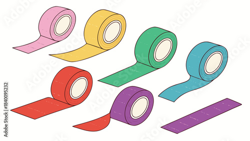 Vector illustration set of colorful rolls of adhesive tape, including pink, yellow, green, red, purple, and blue