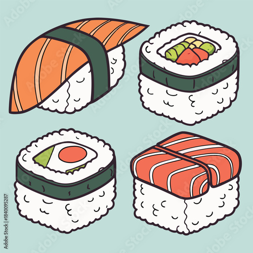 Vector illustration four pieces of sushi including nigiri and maki rolls, white