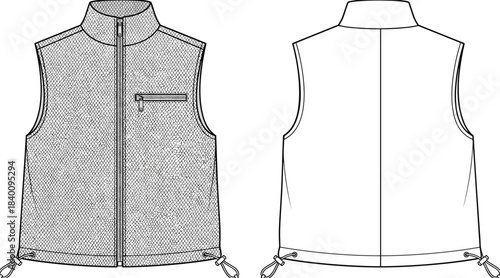 Men's or women's technical puffer vest sleeveless gilet jacket technical flat fashion sketch vector template illustration front and back view apparel CAD drawing design mockup concept.