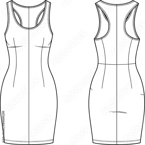 Technical flat sketch vector illustration of a racerback bodycon mini dress, front and back view, sleeveless apparel design for fashion template, casual fitted clothing CAD drawing.