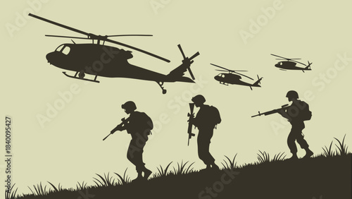 Vector illustration silhouette of soldiers advancing on a hill with multiple military helicopters flying overhead, white