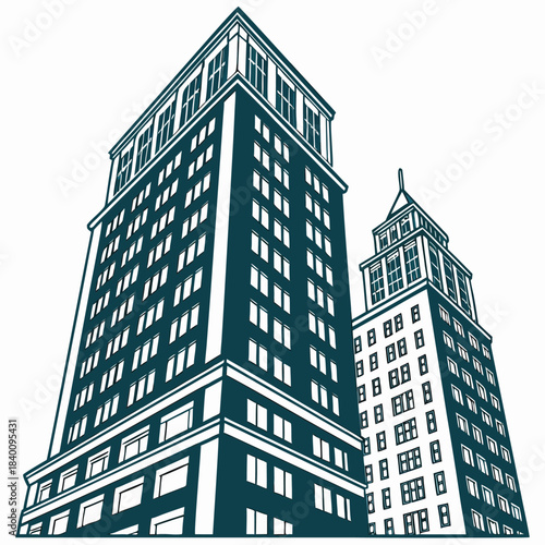 Vector illustration two tall vintage skyscrapers viewed from a low angle, architectural illustration, 122 chars max