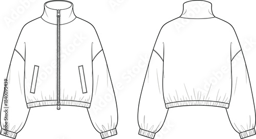 Women's cropped high neck full-zip bomber jacket technical flat fashion sketch vector template illustration front and back view raglan sleeve apparel CAD drawing design mockup concept.