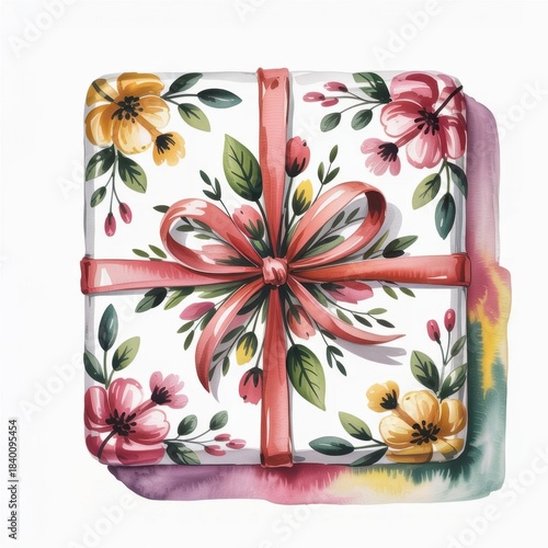 Gift Box Wrapped With Colorful Flowers and a Ribbon Tied on Top in a Watercolor Style