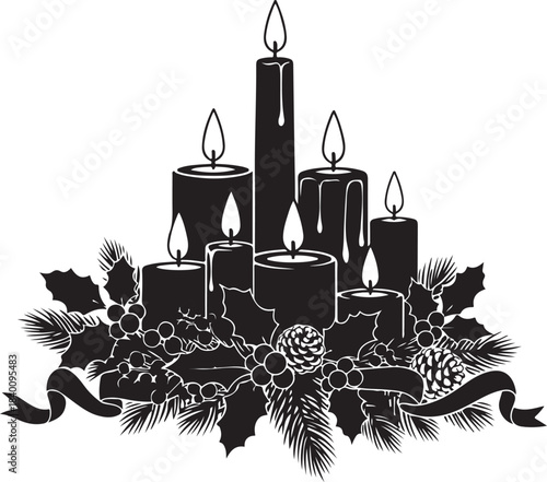 Black silhouette of a Christmas candle arrangement with holly, pine branches, pinecones, and a ribbon on a white background Keywords: Christmas, candles, silhouette, holly, pine, pinecones, ribbon
