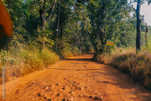 Rural dirt road covered with red laterite soil, surrounded by dense green forest in India. A scenic off-road trail leading through nature, typical for remote village areas and jungle landscapes.