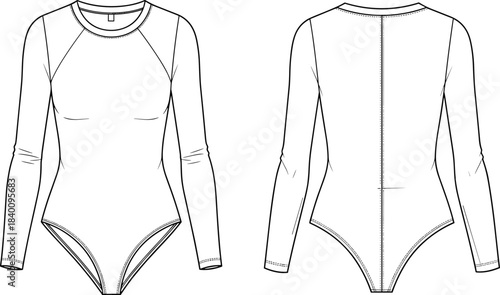 Women's fitted long sleeve raglan crew neck bodysuit technical flat sketch vector illustration, front and back apparel CAD drawing for fashion templates, stretch activewear design asset.
