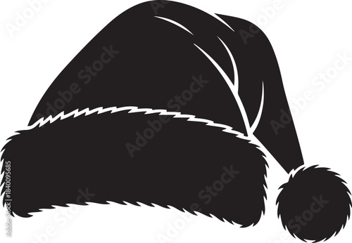 Black Silhouette of a Santa Claus Hat with Fur Trim and a Pom- Pom Keywords: Santa, hat, Christmas, holiday, winter, festive, tradition, silhouette, black and white, design element, seasonal