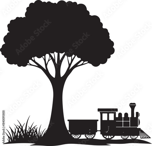 Black Silhouette of a Tree with a Train and Grass on White Background steam engine carriage