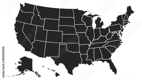 Vector illustration black silhouette map of the united states of america showing state borders