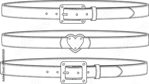 Women's or men's leather waist belt accessories technical flat fashion sketch vector template illustration pack with various square, pin, and heart buckles CAD drawing concept.