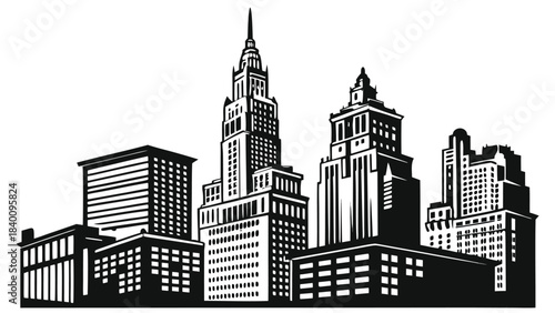 Vector illustration black and white silhouette illustration of a dense city skyline featuring multiple skyscrapers and buildings