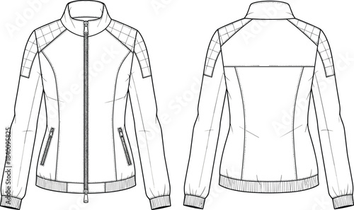 Women's fitted full-zip activewear jacket technical flat fashion sketch vector template illustration contrast quilted shoulder panel apparel CAD drawing design mockup concept.