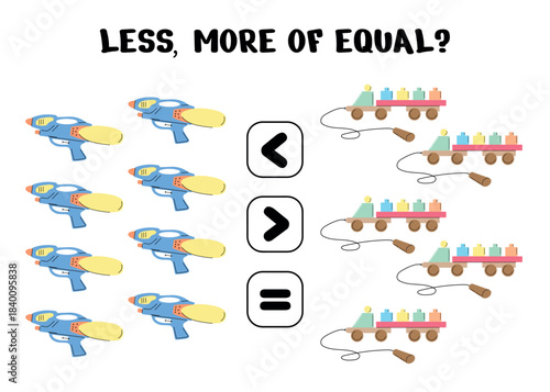 Preschool worksheet helps children compare quantities of toy water guns and wagons to determine which is more, less, or equal.