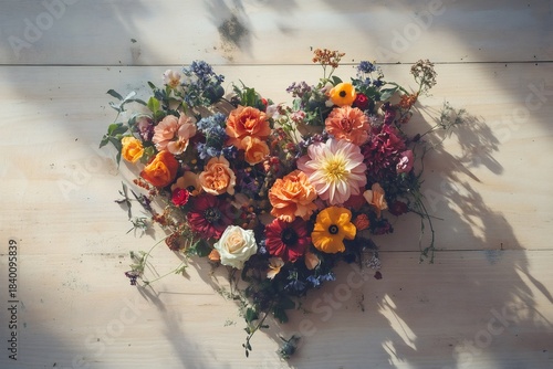 Varied blooming flowers creatively arranged into a heart shape, resting on light wooden planks in dappled sunlight