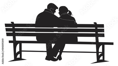 Vector illustration silhouette of a couple sitting close together on a park bench, looking into each others eyes, white