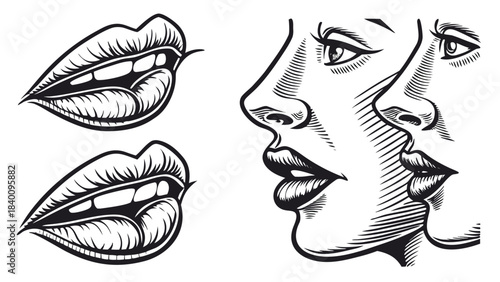 Vector illustration set of stylized female lips and profile faces in black and white engraving style