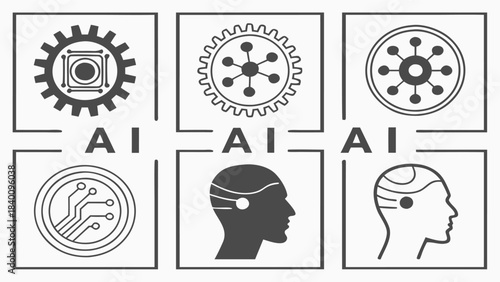 Vector illustration artificial intelligence icons set gears, circuits, and human brain silhouettes representing machine learning and deep learning concepts