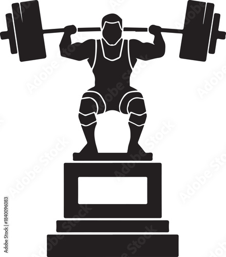 Silhouette of a weightlifter lifting a barbell on a trophy pedestal weights strength
