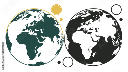 Vector illustration two globes representing earth, one in dark green and white, the other in black and white, illustrating contrasting views or states of the planet, white