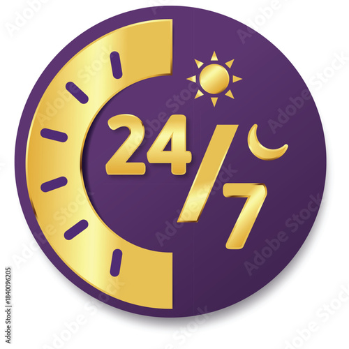 24/7 Gold Service Support Icon with Sun and Moon on Purple Background.