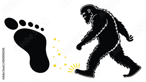 Vector illustration bigfoot sasquatch walking next to large footprint white