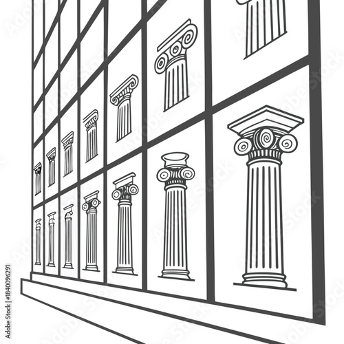 Vector illustration illustration of various ionic and doric columns receding into perspective, white