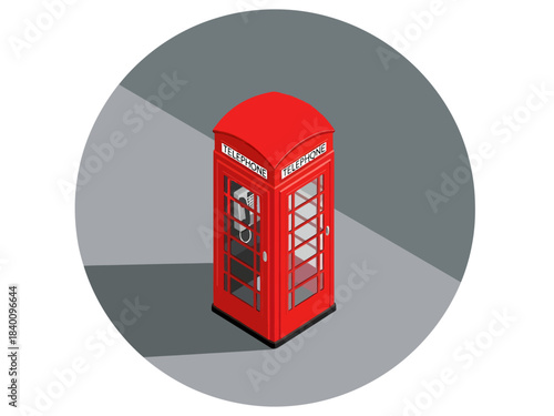 A stylized isometric rendering of London's famous red telephone kiosk features distinct grid windows and a bright red finish, casting a long diagonal shadow against a minimal grey circular backdrop