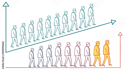 Vector illustration business growth and progression chart showing people walking upward trends white
