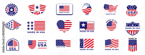 Made in USA labels. Flag made america american states flags label badge stamp star patriot stripe ribbon emblem sticker banner, icons. vector