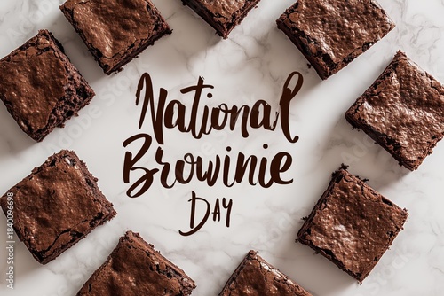 National Brownie Day chocolate brownies on marble background