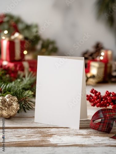 Blank Christmas greeting card mockup on rustic table with festive decorations