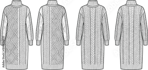Women's oversized turtleneck chunky cable knit sweater dress long sleeve technical flat fashion sketch template illustration vector CAD drawing mockup apparel garment design concept.