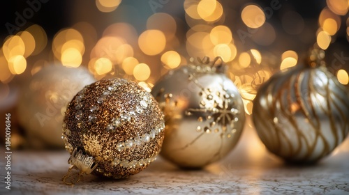 Elegant black and gold glitter Christmas ornaments with festive bokeh lights