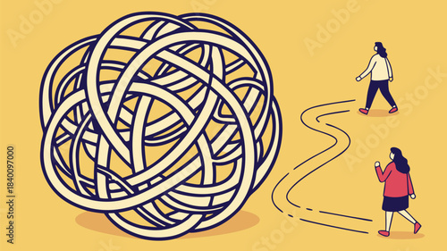 Vector illustration navigating a complex problem or challenge represented by a tangled knot of lines, white