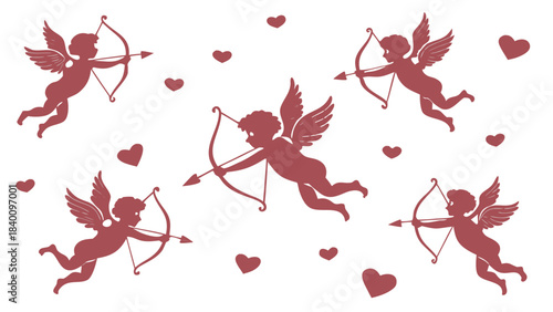 Vector illustration five red cupid silhouettes with hearts
