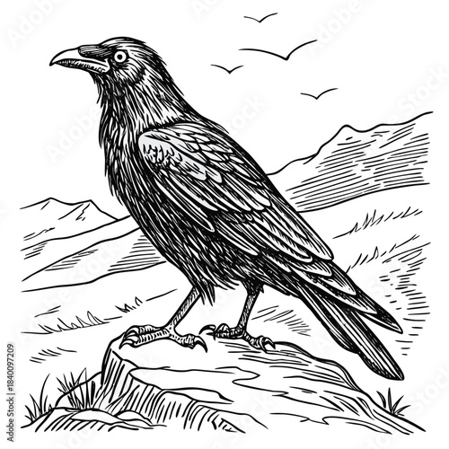 Vector illustration detailed engraving of a raven perched on a rock with mountain landscape background