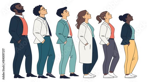 Vector illustration diverse group of professionals looking up, white