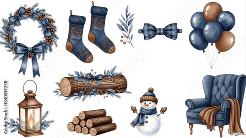 Blue Winter Christmas Decor Clipart Set with Wreath, Stockings, Lantern, Logs, Balloons and Snowman, Watercolor Illustrations