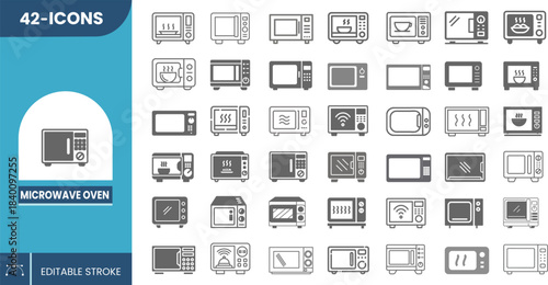 Editable microwave oven icon set showcasing smart kitchen features, heating process icons, and clean scalable vector illustrations