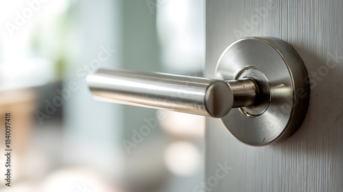 Wallpaper Mural A modern brushed metallic door handle mounted on a white door, suggesting entry or exit. The soft, blurred background hints at a bright, airy space beyond the doorway. Torontodigital.ca