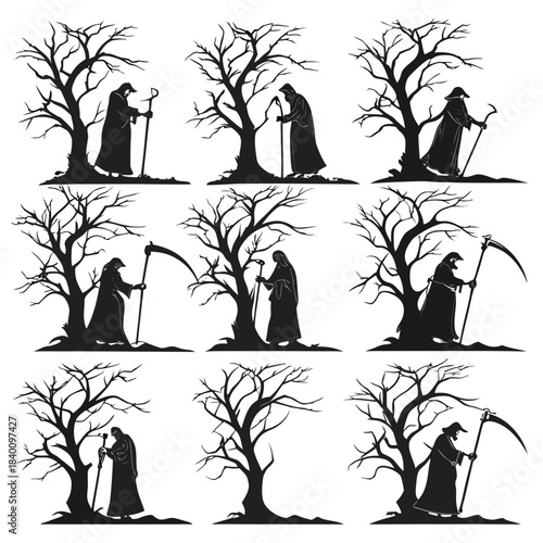 Vector illustration grim reaper figures with dead trees, white