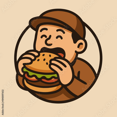 Male character eating Burger, Food blogger reviewing burger, Vector illustration