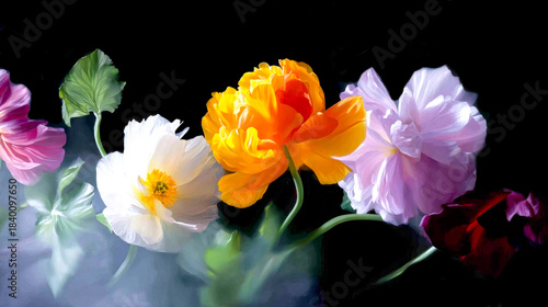 A stunning lineup of colorful flowers elegantly arranged against a dark background. This image captures the beauty and essence of nature. Perfect for floral themes and artistic displays. AI