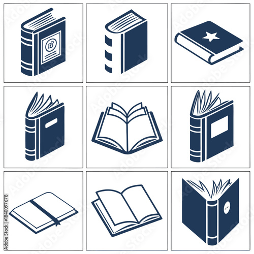 Vector illustration collection of nine blue book icons and illustrations