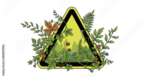 Warning Sign, Nature's Embrace, Floral Adornment, Environmental Awareness, Fresh Illustration