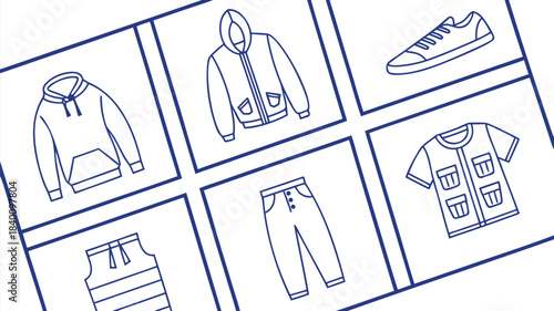 Vector illustration collection of mens clothing line art icons hoodie, jacket, sneakers, shorts, pants, and vest