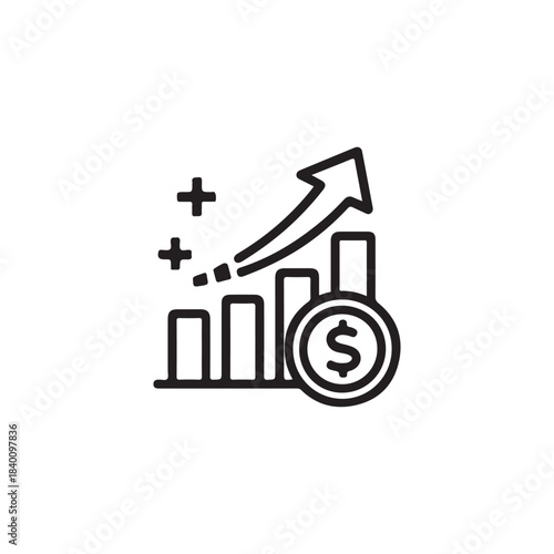 Business growth and profit increase vector icon with upward graph, arrow, and dollar symbol, professional black line illustration, editable AI and EPS format