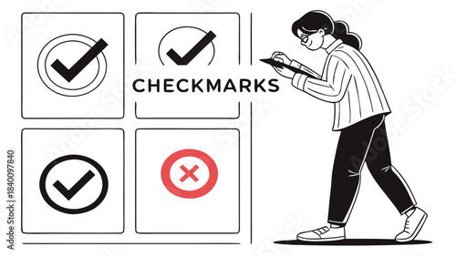 Vector illustration woman checking off items with checkmarks and x mark illustration